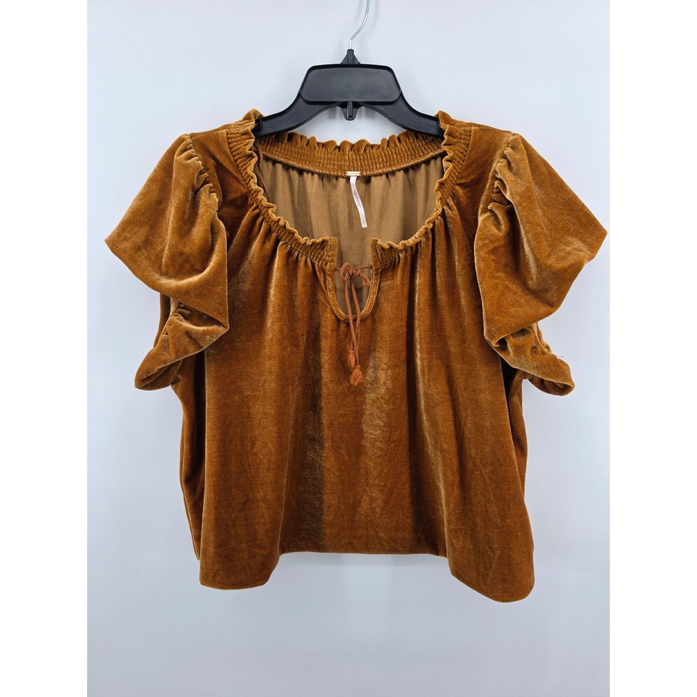 Free People Velvet Blouse Brown Puff Sleeve Tie Neck L